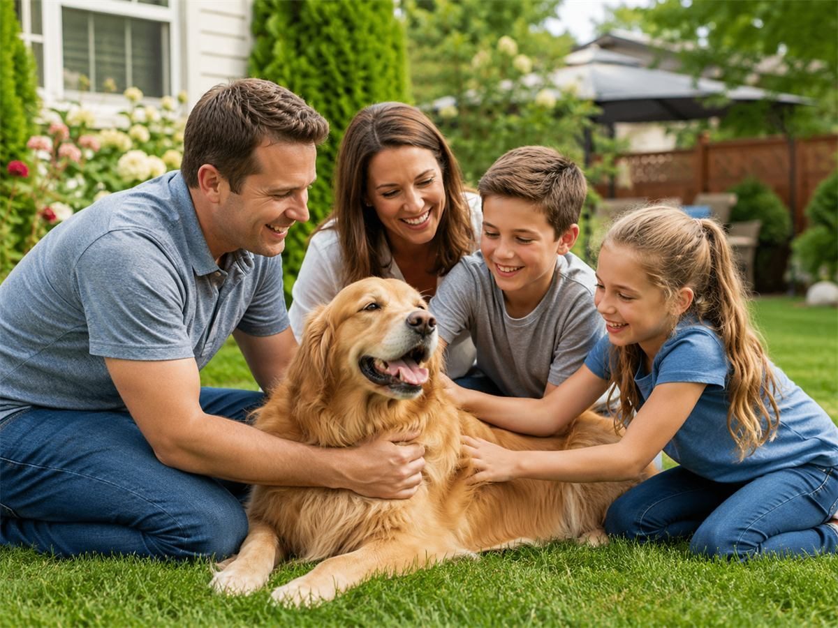 A happy family relaxing with their golden retriever in a clean, green backyard in Midlothian, Texas