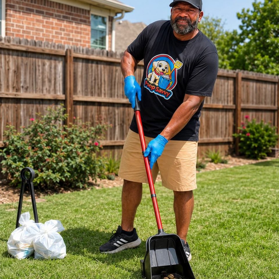 A Poop Savvy technician scooping a sunny backyard in Midlothian, Texas